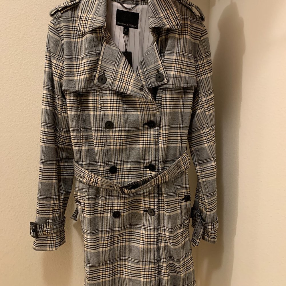 NWT Banana Republic L Plaid Trench Coat Black/White/Yellow Sz: X-Small